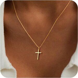 04 Simple Cross Necklace for Women's Plated Dainty Gold Small Cross Pendant